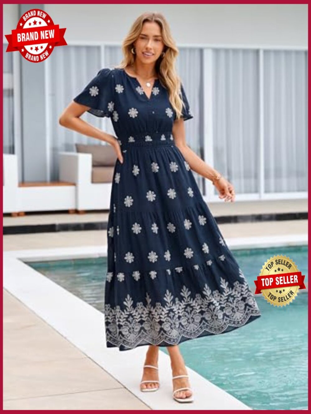 Boho Floral Maxi Dress V-Neck Short Sleeve Tiered Flowy Wedding Guest - Picture 4 of 7